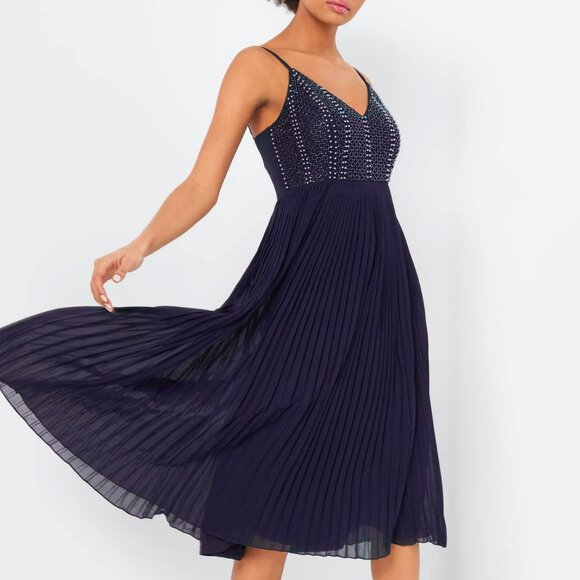 Lace & Beads Embellished Pleated Chiffon Cocktail Dress Midi Dress Blue Size S - Picture 11 of 11